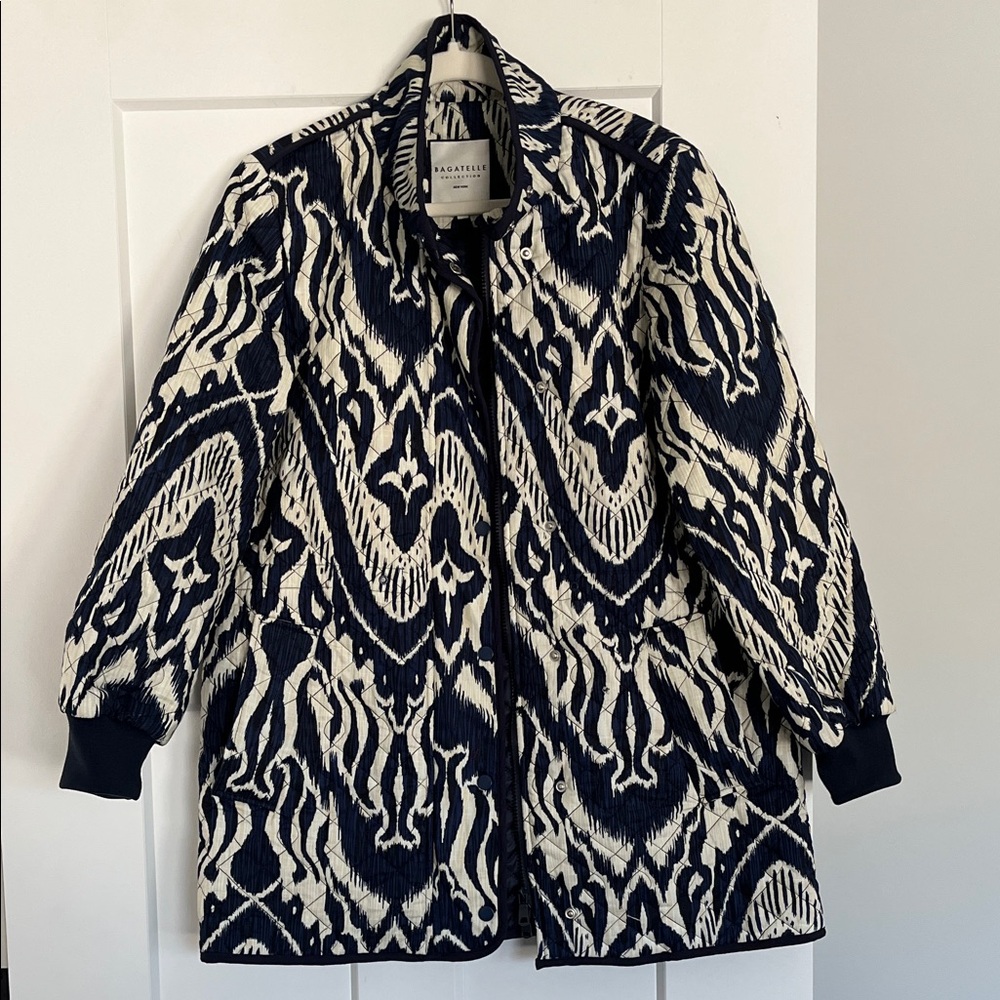 Bagatelle Navy Ivory Ikat Print Quilted Cotton Utility Jacket Coat Size L - Picture 5 of 11